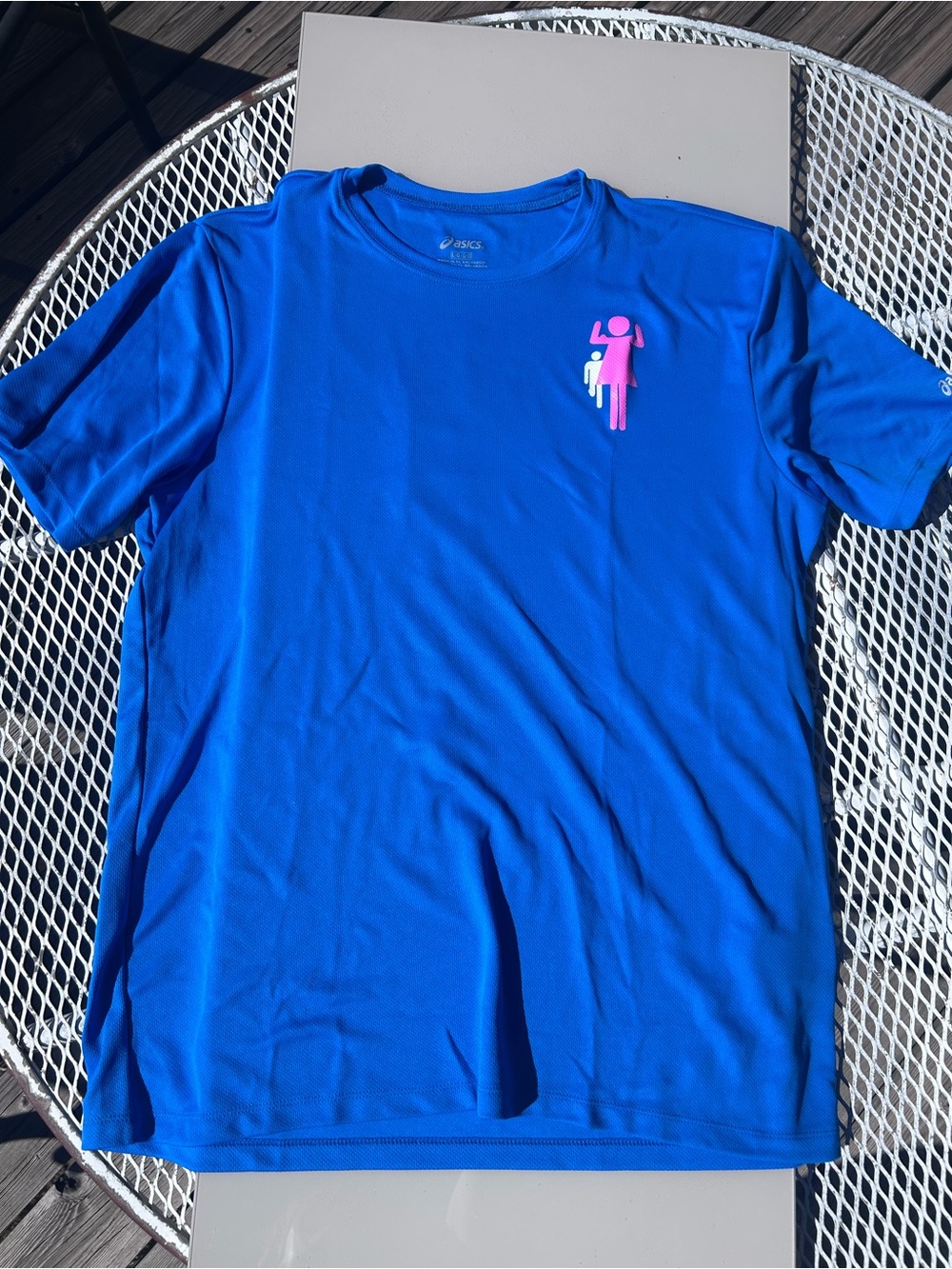 Men’s Large ASICS Royal Blue Short Sleeve performance Tee with CHICKED graphic